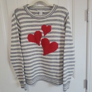 NWT‎ Cupcakes and Cashmere Women's Medium Gray Striped Red Heart Sweater NWT